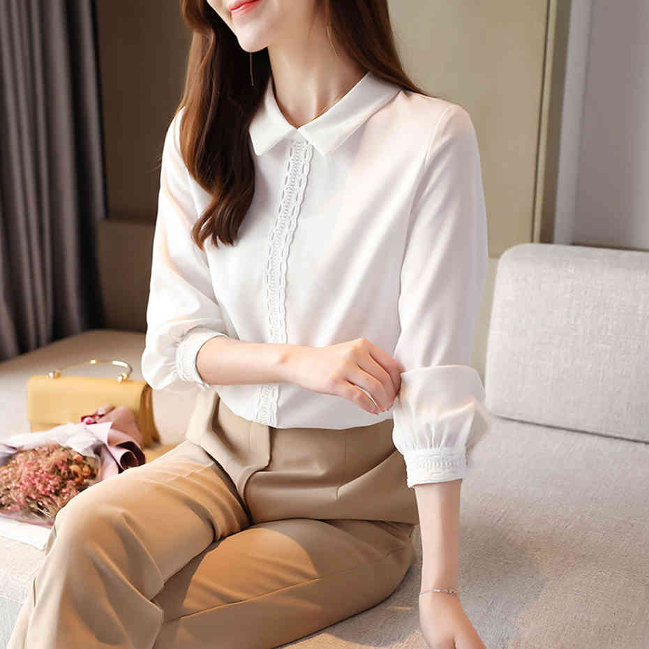 QoerliN White Blouse Women Fall Spring Long Sleeve Back Button Shirts Pulls Lantern Sleeve Workwear Elegant Tops Plus Size S2XL 210412