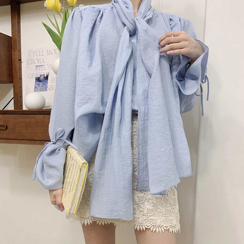 Nomikuma Womens Tops and Blouses Bow Tie Collar Flare Sleeve Shirt Spring New Causal Elegant Blusas Mujer De Moda 6E070 210427