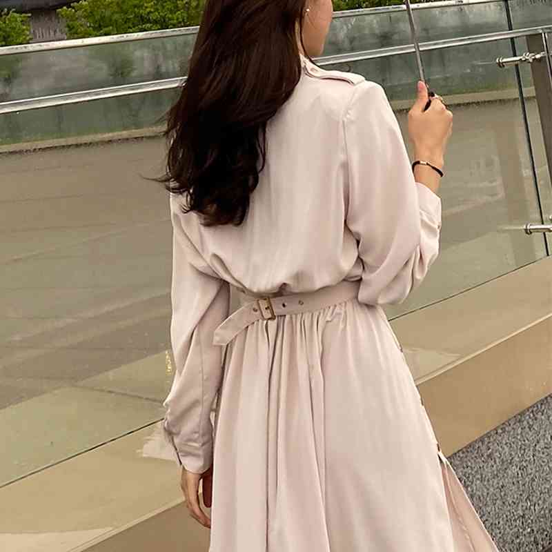 Korea Chic Elegant Mature Solid Spring Dress Slim High Waist Mid-Length Stand Collar Women Office Lady Vestido Mujer 210520