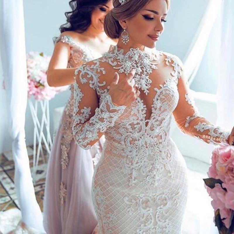 Modest Mermaid Bridal Gowns with Detachable Skirt Shining Sequins Crystals Beads Appliques Sheer Neck Backless Long Wedding Dresses