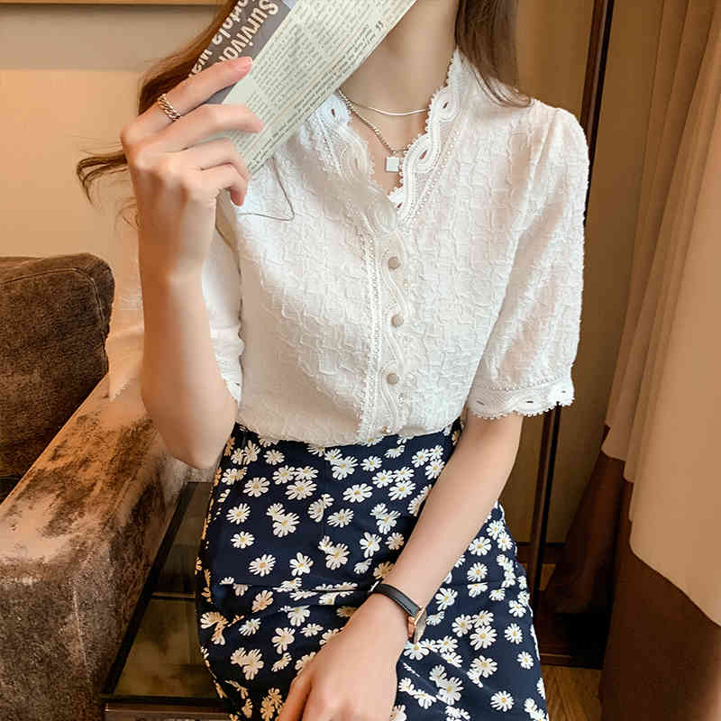 Vintage Puff Sleeve White V-Collar Chiffon Blouse Lace with Button Lady's Top Short Slim Cardigan Shirts Blusa 10051 210506