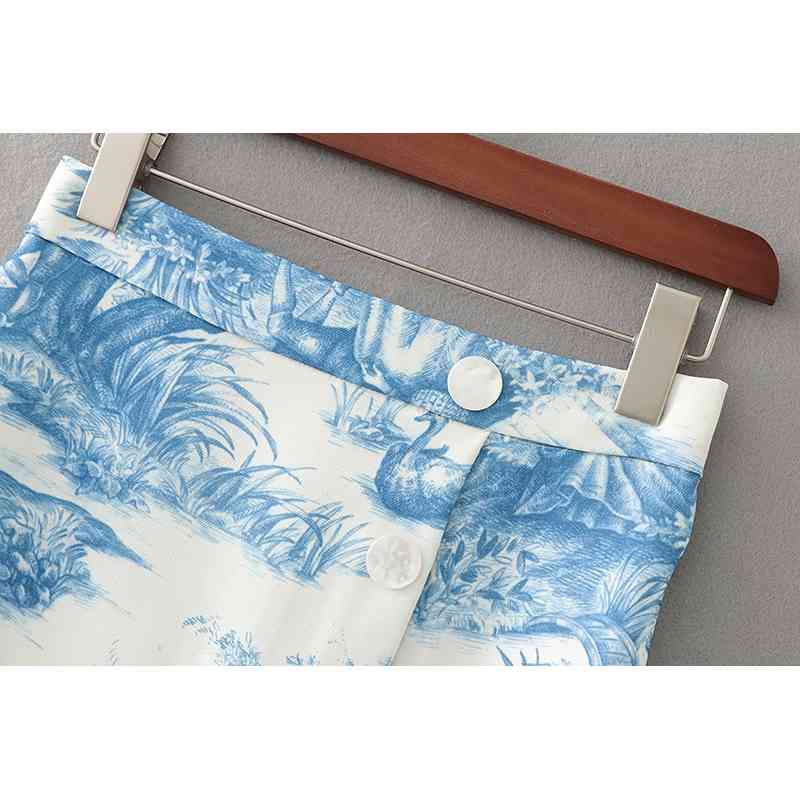 elegant women blue and white printing skirts fashion ladies side slit female button girls chic 210430