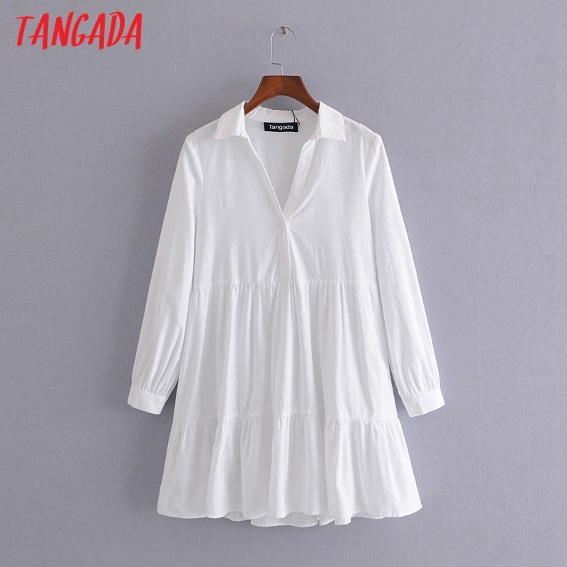 Fashion Women Elegant White Pleated Shirt Long Sleeve Office Ladies Mini Dress 3H60 210416