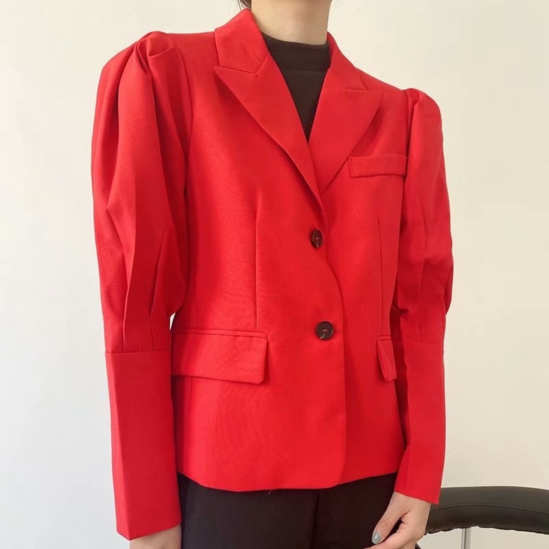 Elegant Women Red Puff Sleeve Blazers Fashion Ladies Pocket Jackets Streetwear Female Chic Notched Collar Coats 210430