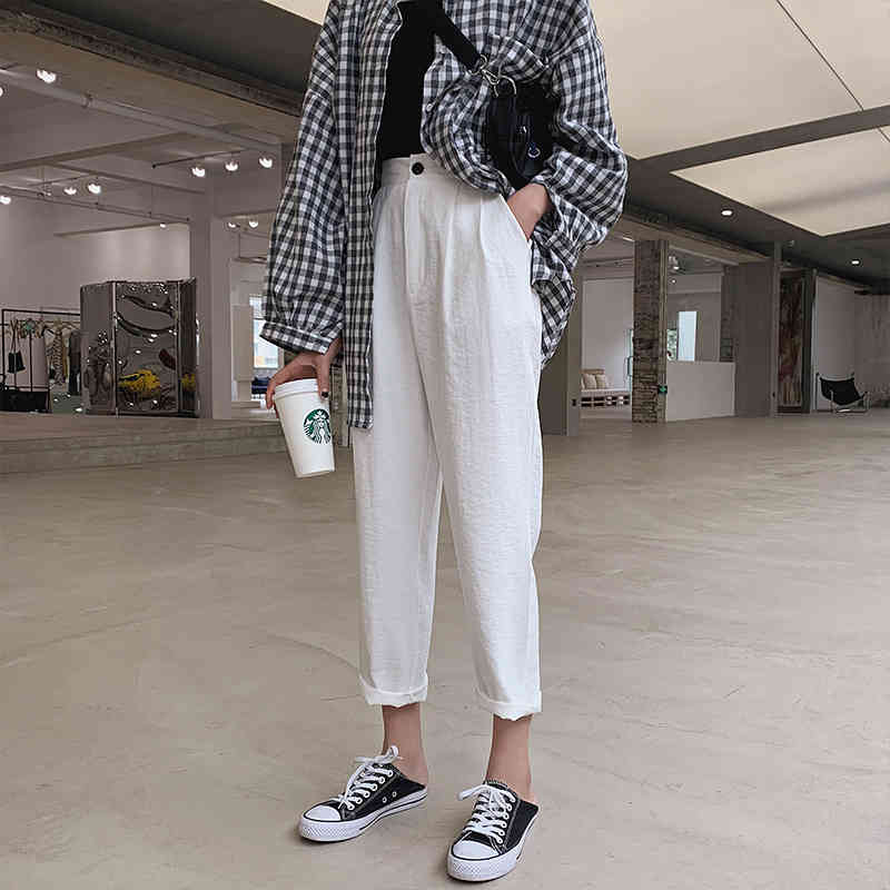 Summer Women Pants Fashion High Waist White Harem Solid Casual Cotton and Linen Ladies Loose Trousers 9758 210518