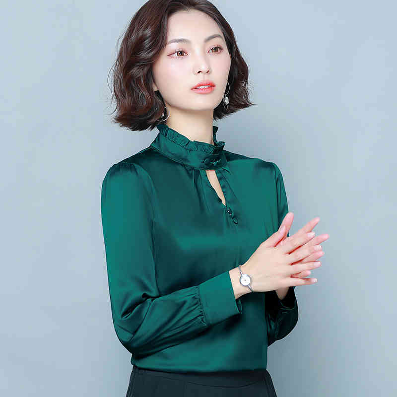 Fashion Long Sleeve Silk Blouse Solid Stand Women Tops and Style Clothing Loose Pluse Size Shirt Streetwear 8322 50 210506