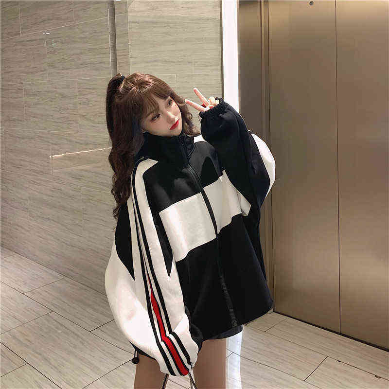 Raglan Sleeve Sweatshirt With Pocket loose plus velvet Hoodies Poleron Mujer Zip Up Hoodie For Women Contrast Color Student tops 211109