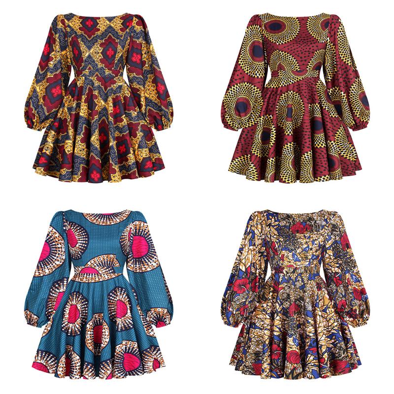 African Style Digital Printing Autumn Women's Sexy Backless Long-sleeved Dress Ethnic Big Swing Casual Dresses