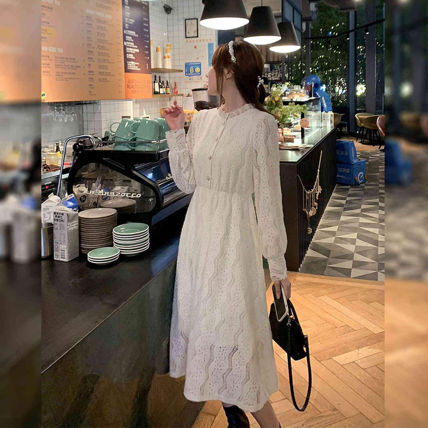 French Vintage Dress Women Spring Long Sleeve Lace Dress Korean O-Neck Fariy Elegant Retro Dress Female Button 210521