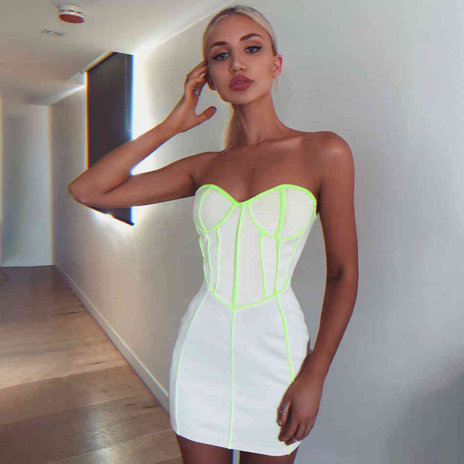 Summer Women White Bodycon Bandage Mini Dress Sexy Strapless Striped Club Celebrity Runway Party Dresses Vestidos 210423