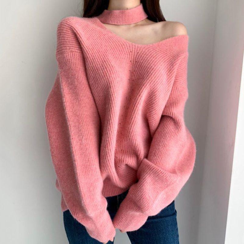 Nomikuma Sexy Halter Strapless Women Sweater Causal Long Sleeve Korean Solid Pull Femme Autumn Winter Knit Pullover 6D458 210427