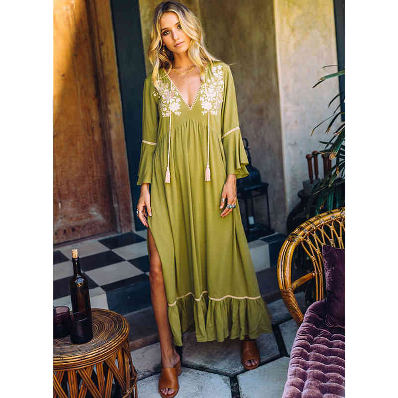 Spring Green Boho Cotton Bikini Cover-ups Sexy Deep V-neck Tassel Summer Dress Women Beach Wear Swim Suit Cover Up A510 210420