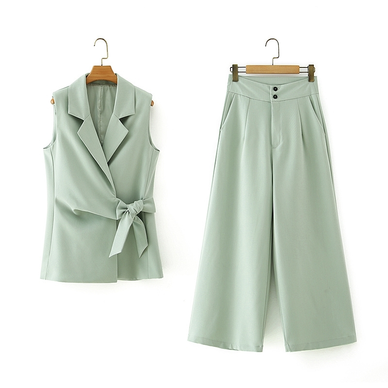fashion women green vest elegant lady v-neck bow outerwear causal female polyester and cotton girls chic sets 210527