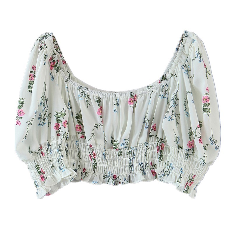 Sexy Elastic Ruched Floral Print Tank Tops Women Summer Short Puff Sleeve Square collar Crop Top High Waist Tees 210429