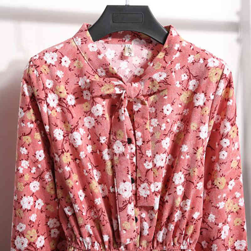 Autumn Winter Corduroy Vintage Dress Women Single-breasted Elastic Waist Floral Print Dresses Party Long Sleeve Dress Vestidos 210521