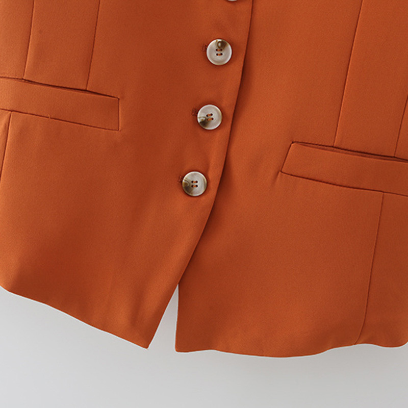 Women Simply Sleeveless Single Breasted Orange Vest Jacket Office Lady Slim Suit WaistCoat Pockets Outwear Tops 210521