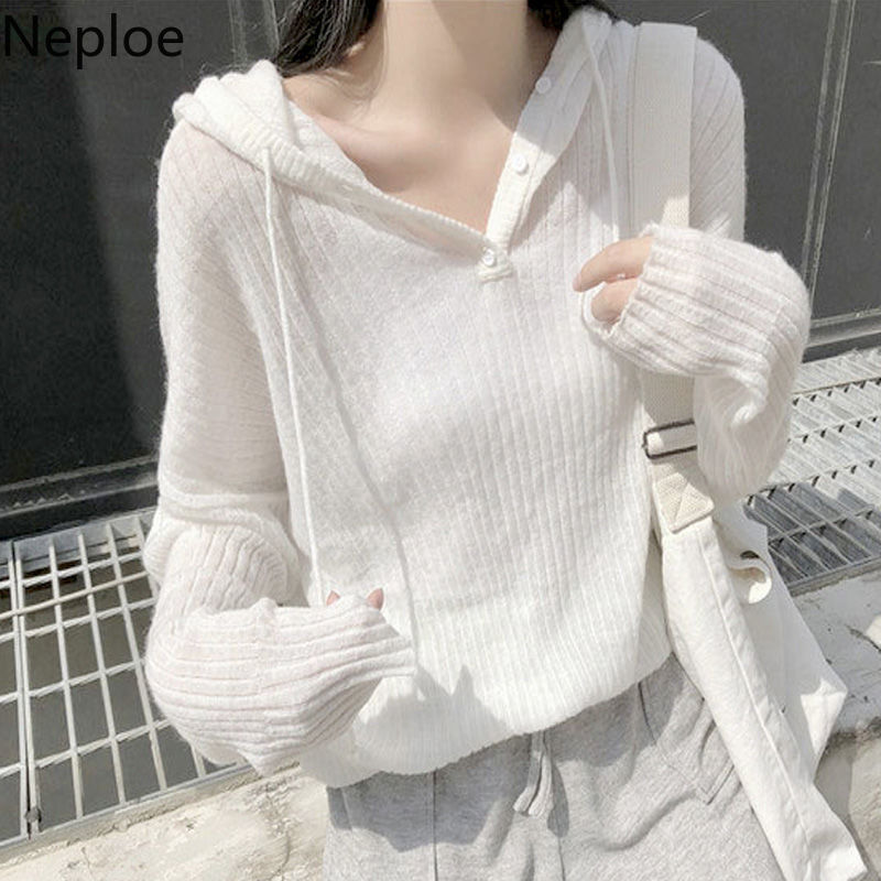 Neploe Sweatshirt Women's Pullover Thin Knitted Cropped Hoodie Jacket Spring Casual Loose Wind Korean Casual White Tops 210422