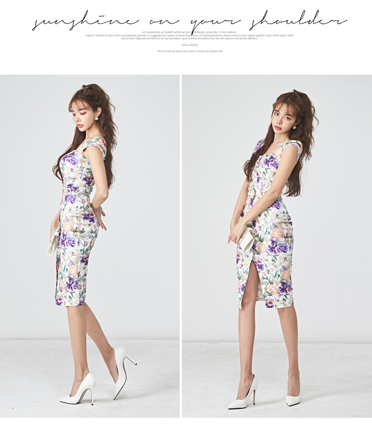Women Summer Elegant Square Collar Office lady Vestidos Flowers Slim Waist Sheath Bodycon Dresses Female 210519