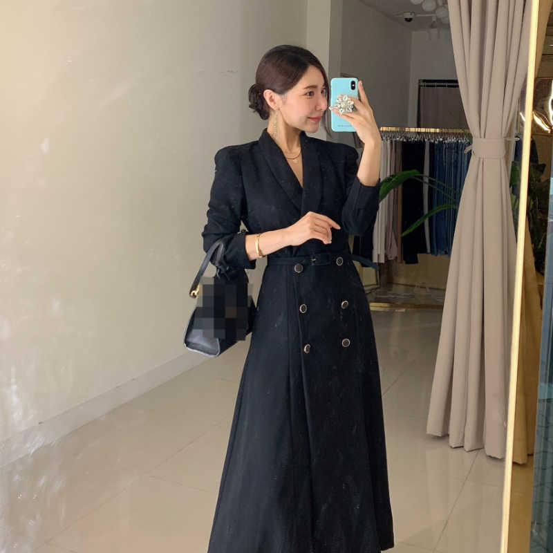 Spring Elegant Windbreaker Women's White Maxi Dress Korean Clothing Femme Robe Slim Suit Collar Double-Breasted Coat With Belt 210915