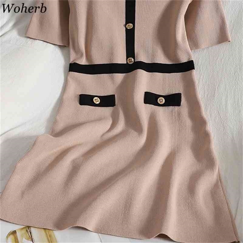 Knitted Dress for Women Fashion Buttoned Contrast Color Square Collar Vestidos Short Sleeve Elegant Bodycon Dresses 4j618 210519