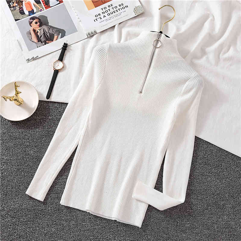 Autumn Winter Basic Knitted Sweater Women Zipper Patch Half Turtleneck Slim Pullover Jumper Korean Modis Pull Femme 210519
