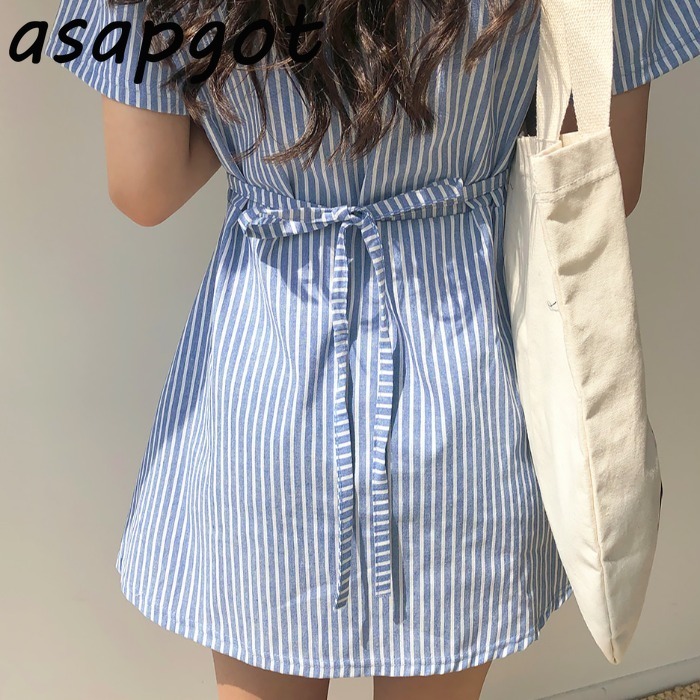 Casual Vintage Short Sleeve Blue Lapel Striped Shirts Dress Women Mini Preppy Style Student Summer Lace Up Vestido Mujer 210429