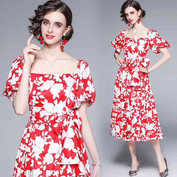 Summer Red Floral Elegant Boho Midi Dresses Women Square Collar Puff Sleeve Vintage Belt Vacation Dresses 210518