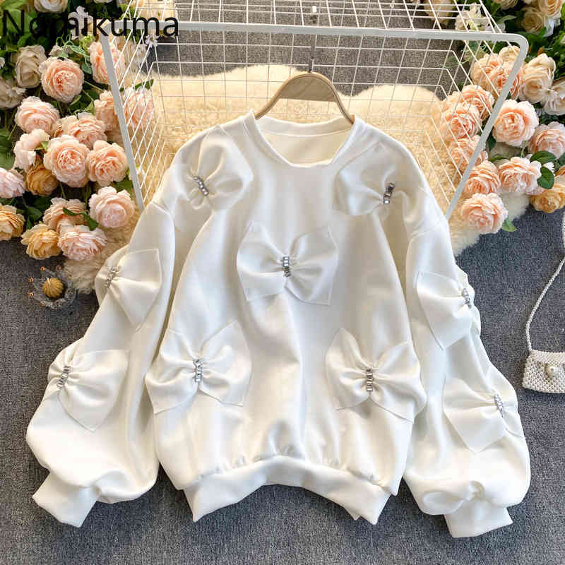 Nomikuma Korean Diamonds Bowknot Pullover Sweatshirt Causal Long Sleeve O-neck Hoodies Spring New Sweet Women Jumper 6E145 210427