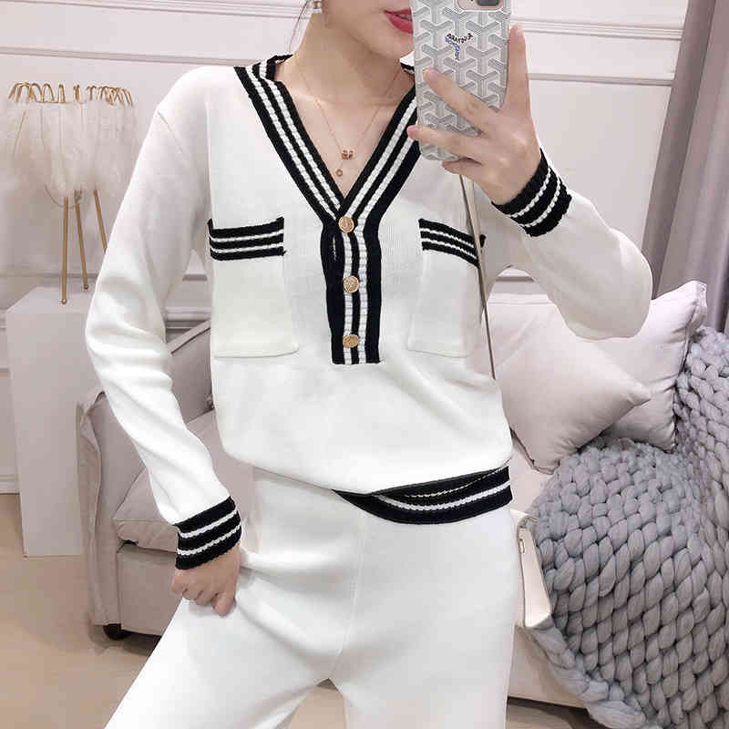 Autumn Fashion Knitting Female Sweater Pants For Women Two Piece Set Knitted Pullover V-neck Long SleeveTop Wide Leg 210506
