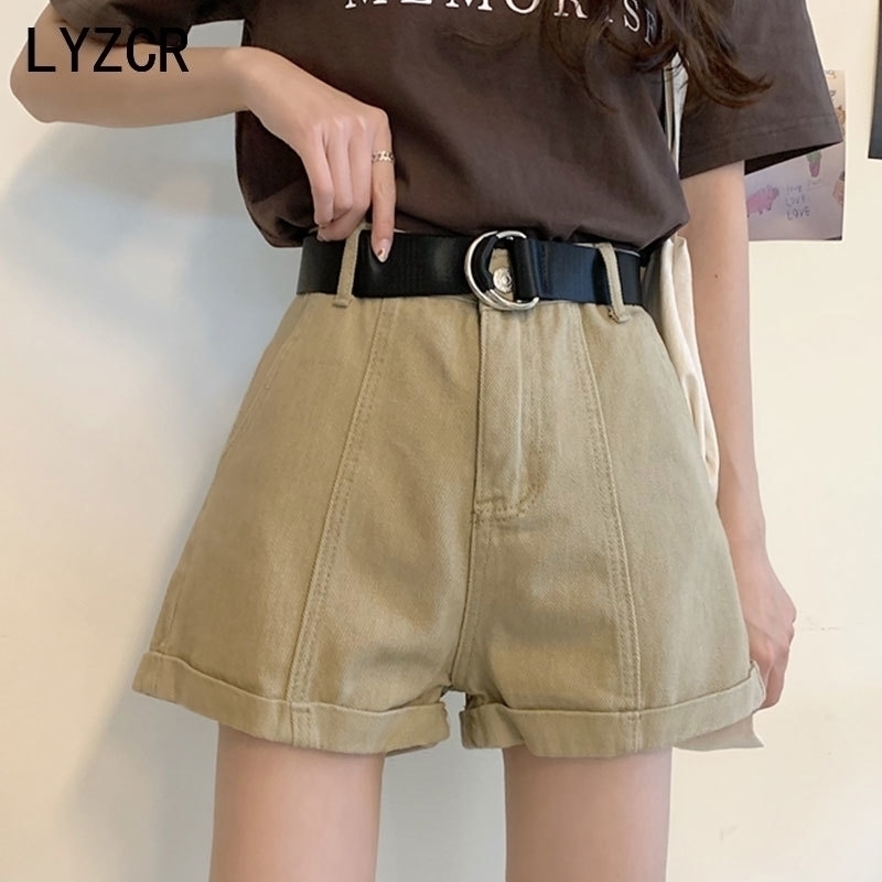 LYZCR Wide Leg Denim Shorts For Women Summer High Waist Jeans Shorts Women Casual Loose Women's Shorts Jean White Kahki 210408