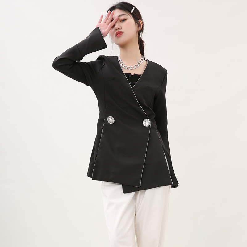 [EAM] Women Black Vent Temperament Blazer V-collar Long Sleeve Loose Fit Jacket Fashion Spring Autumn WD618 210512