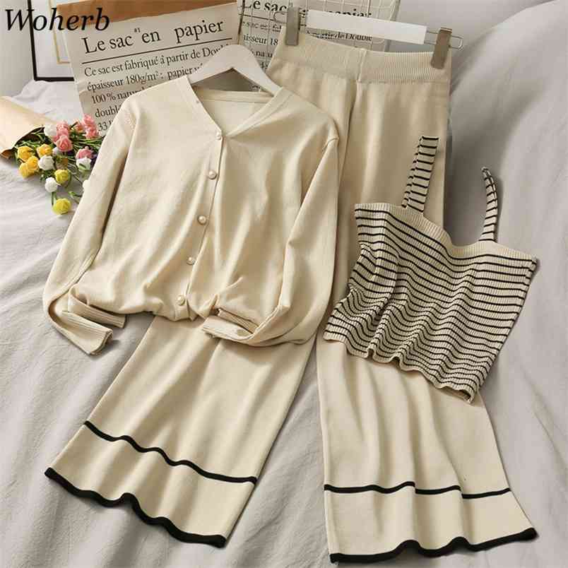 Chic 3 Pieces Set Women Knitwear Cardigan + Striped Vest Wide Leg Pants Female Autumn Casual Tracksuit Outfits 210519