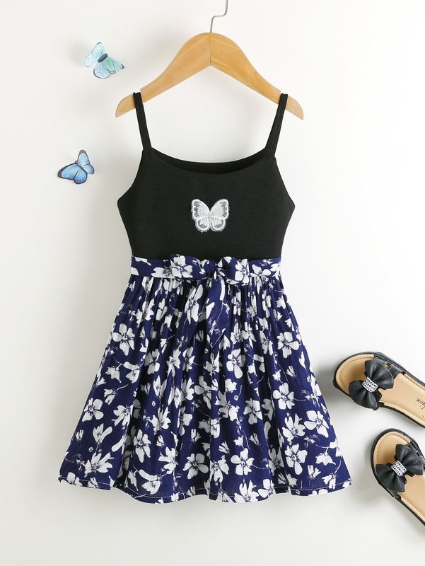 Toddler Girls Floral Print Butterfly Embroidery Belted Cami Dress SHE