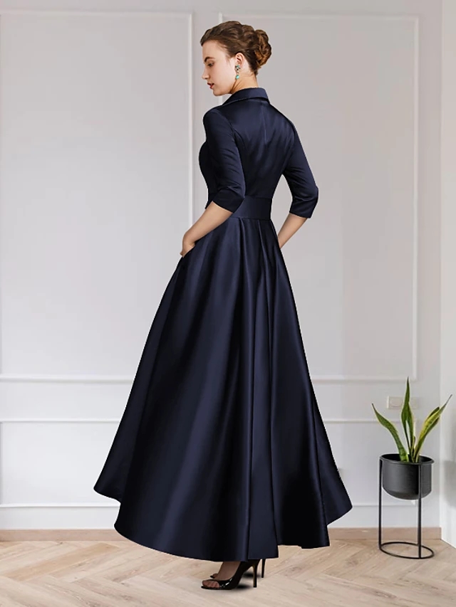 Navy Blue Buttons A-Line Evening Guest Dresses Plus Size Elegant Vintage V Neck Ankle Length Satin Prom Formal Gown 2022 Robe De Soiree Vestidos