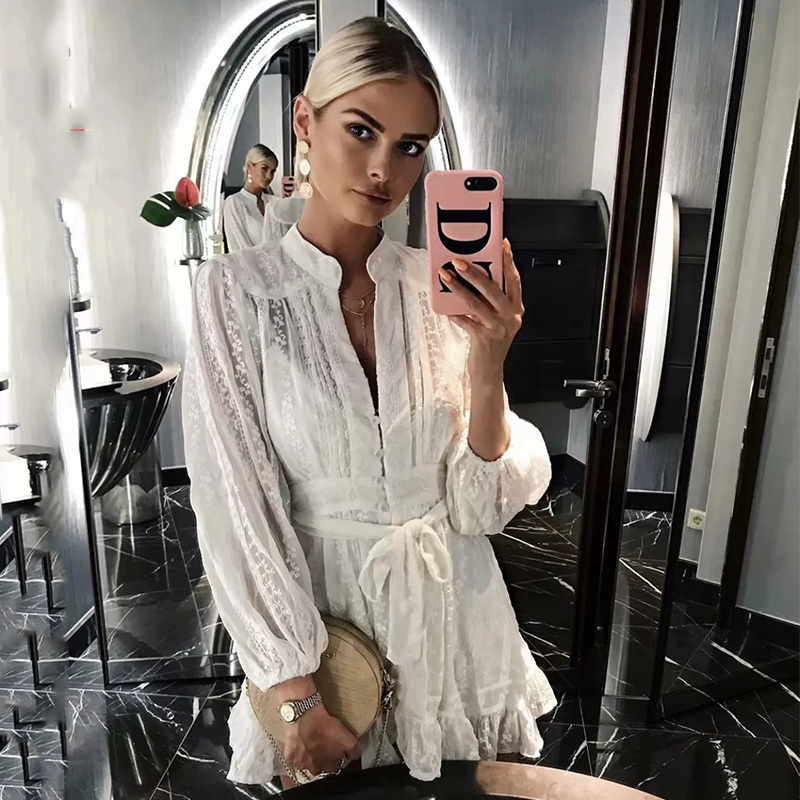 Embriodery White Lace Dress Women Cotton Lantern Long Sleeve Spring Autumn Dress Hollow Out Button Sash Pleated Dress Quality 210415