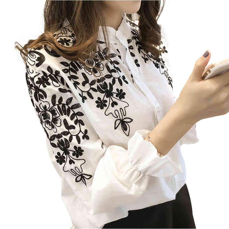 Fashion Korean Flower Female Clothing Embroidery Blouse Shirt Cotton Embroidered Tops Style Fresh shirt 529E 25 210518