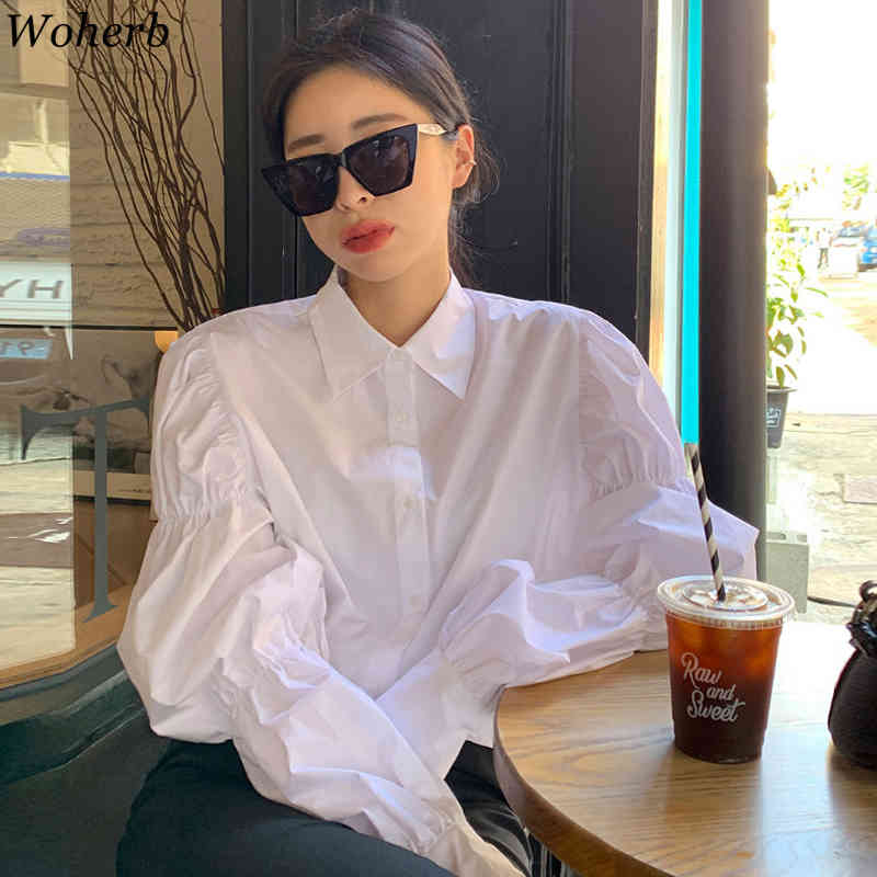 Korean Chic Women Blouses Fashion Female Shirts Single Breasted Puff Long Sleeve White Casual Blusas Mujer 210519