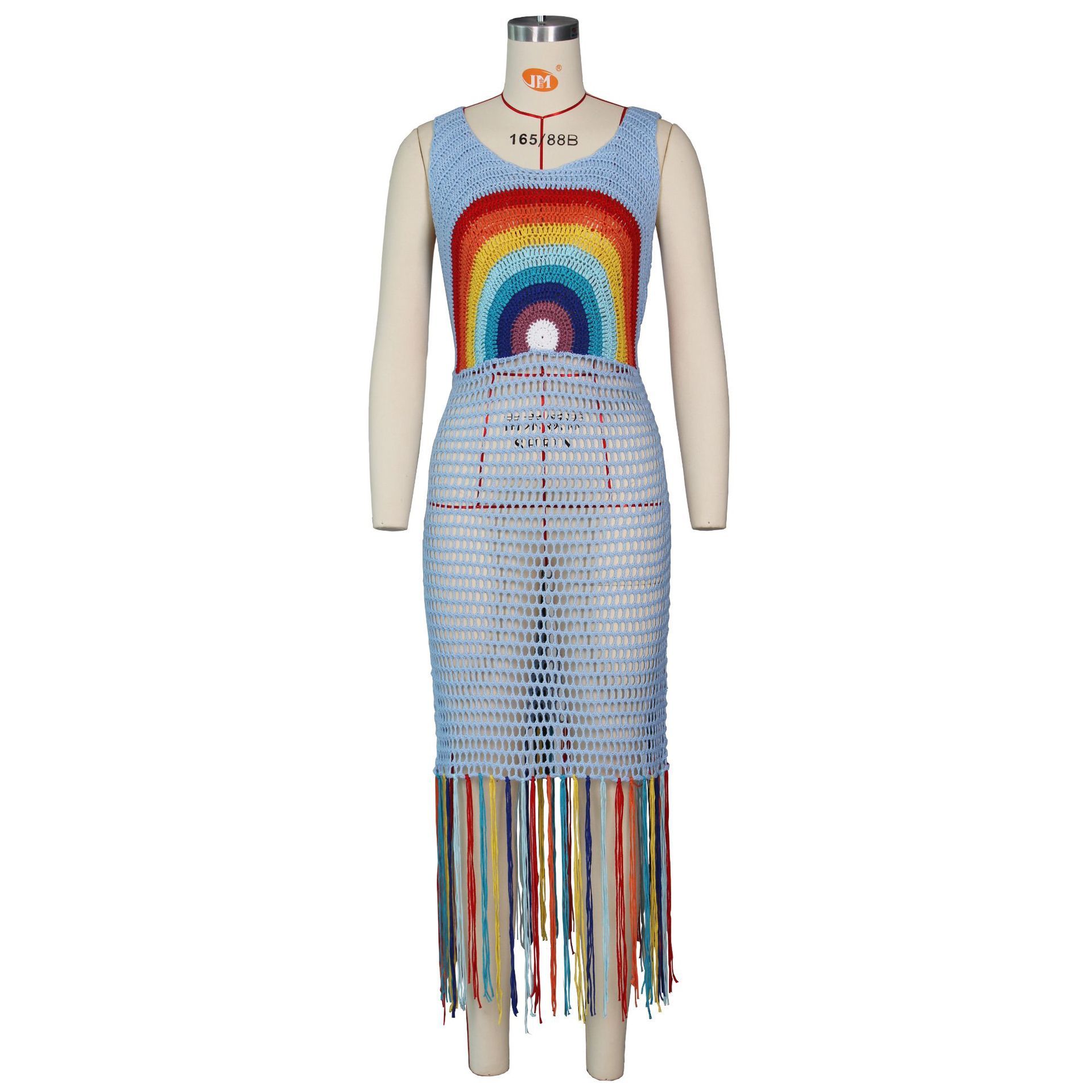 Sexy Fringed Bikini Cover-ups Handmade Crochet Rainbow Backless Summer Dress Tunic Women Swim Suit Cover up A377 210420