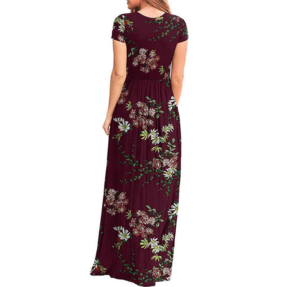 GULE Short Sleeve Summer Pleated Empire Waist Round Neck Floral Maxi Long Pockets Dress 210409