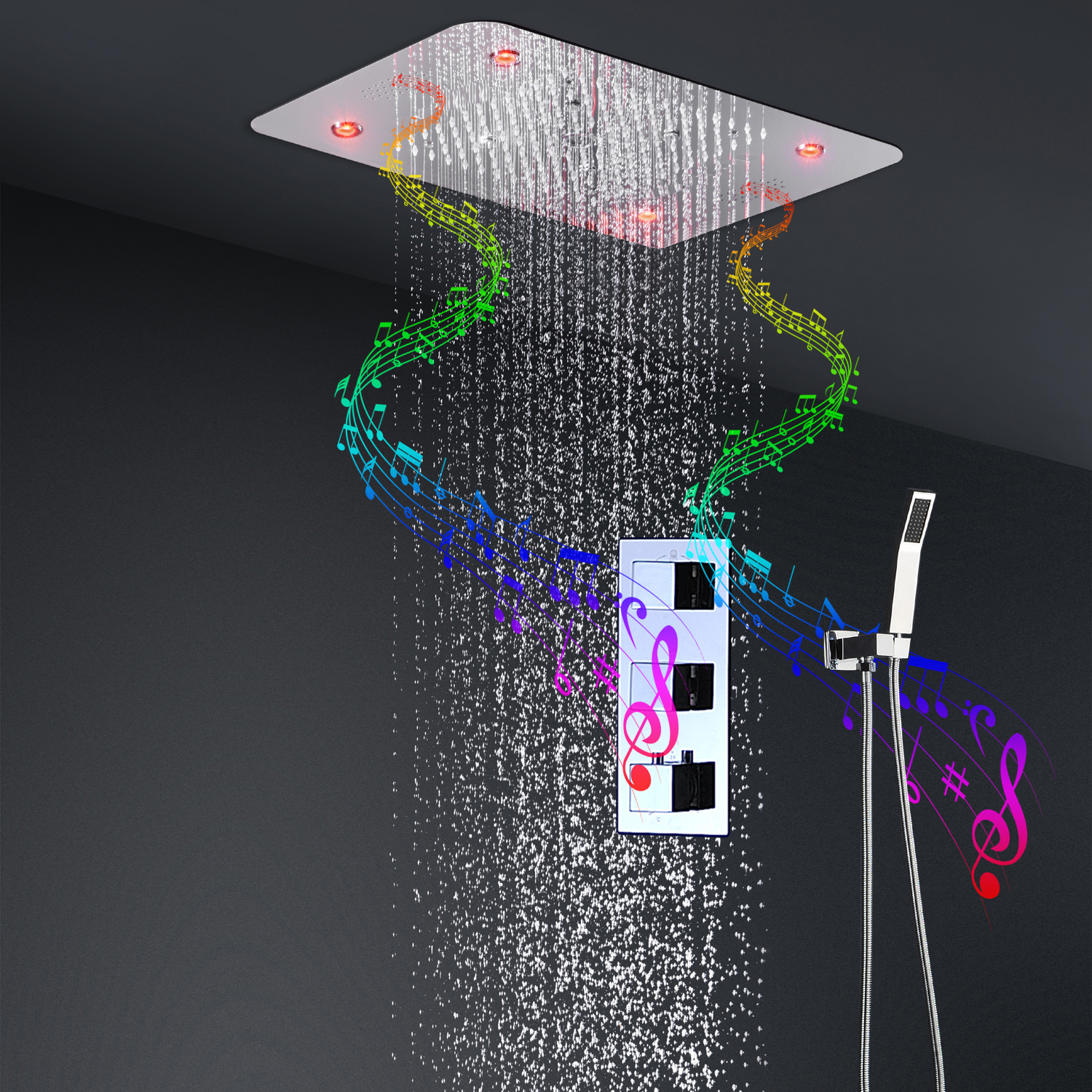 Bathroom Music Shower System Ceiling LED Massage Misty Rain Showerhead 3 Functions Thermostatic Brass Concealed Mixer Faucets