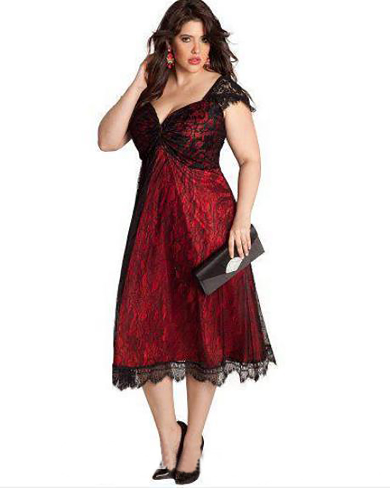 Prom Dress Fashion Plus Size Lace Evening Gowns Tea Length Sweetheart Capped Sleeves Cocktail Party Bridesmaid Mother Dresses Special Occasion