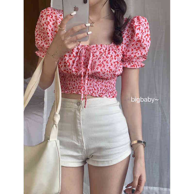 Chic Korean Sweet Summer Sexy Square Neck Puff Short Sleeve Floral Crop Tops Shirts & Blouses Blusas Mujer Fashion Gentle 210429