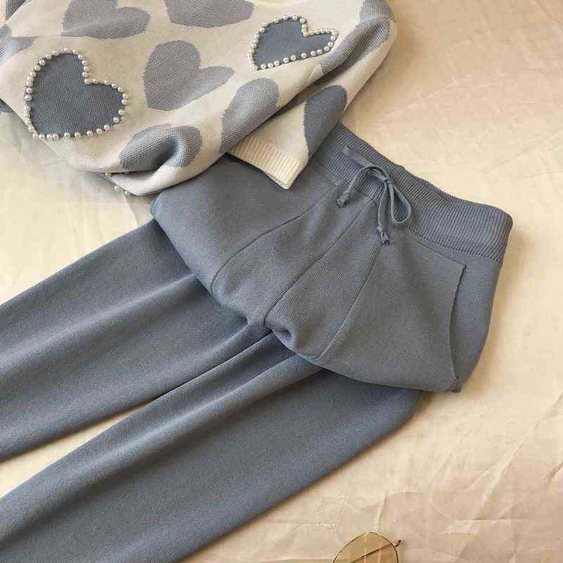 Korean Summer Love Printed Knitted 2 Piece Set Women Short Sleeve Beading Sweater Tops & Pants Suit Casual Tracksuit Blue