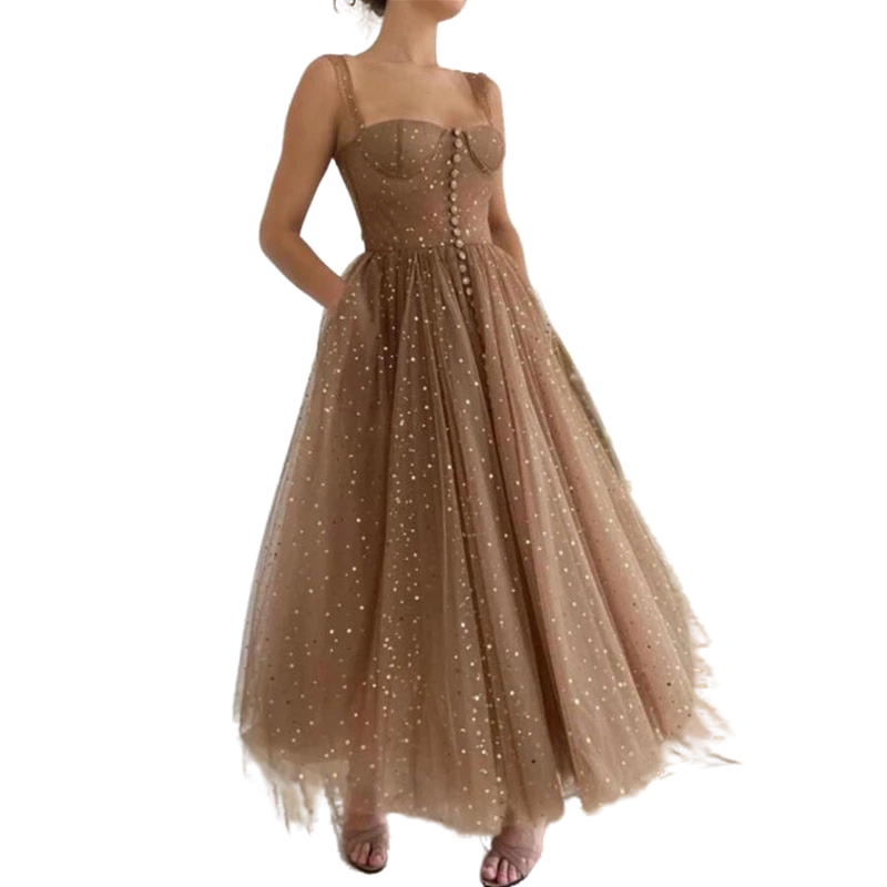Shiny Brown A Line Starry Tulle Prom Dresses Spaghetti Straps Ankle Length Backless Girl Homecoming Party Dress Evening Graduation Gowns