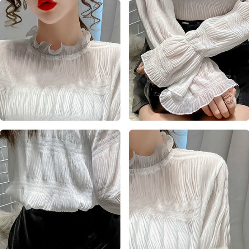 Women Flare Sleeve Half Turtleneck Blouses Spring Autumn Long Lace Patchwork Chiffon Shirt Female Pleated Blusas Top 210514