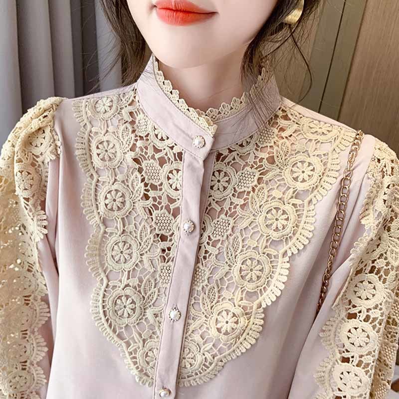 Crochet Hollow Lace Stitching Korean Style Blouse Women Sexy Puff Sleeve Stand-up Collar Bottoming Thin Shirt 12731 210427