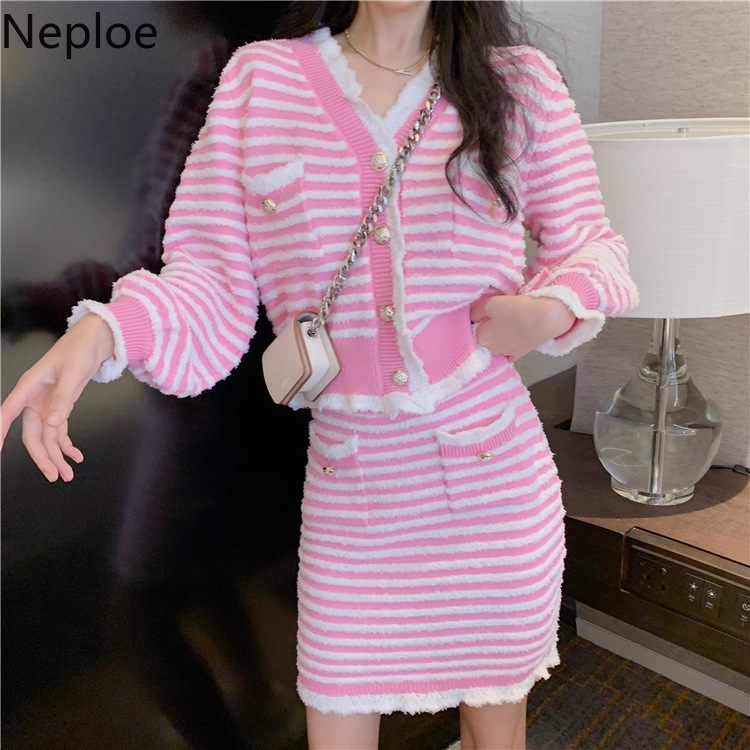 Neploe Two Piece Outfits for Women Knit Sweater Skirt Korean Striped Fashion Suit Fall Clothes Female Roupas 2 Piece Set 210422