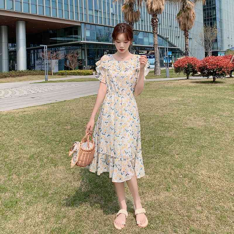 French Off Shoulder Dress Ladies Summer Korean Elegant Floral Print Chiffon Dresses For Temperament Women Skirt Vestidos 210515