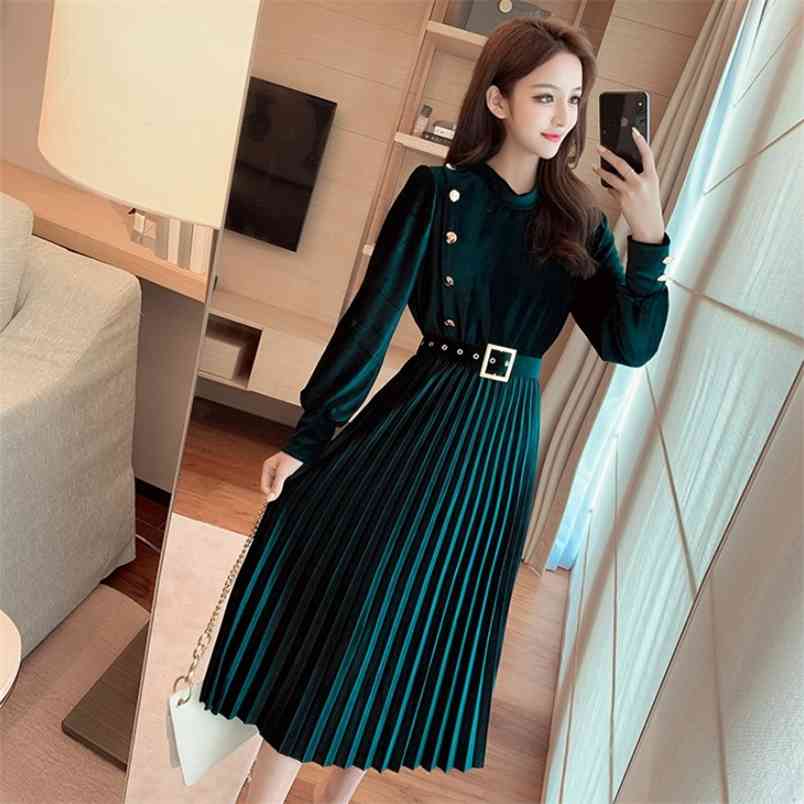 Autumn winter dress women vintage long-sleeved pleated velvet ladies elegant slim A-Line party female belt 210519