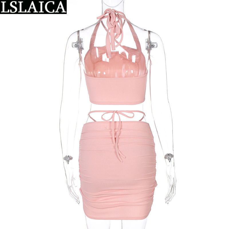 Female Set 2 Pcs Strapless Tops&skirts Ruched Sexy Fashion Pink Women's Clothing Club Night Streetwear Sets Womens Outfits 210520